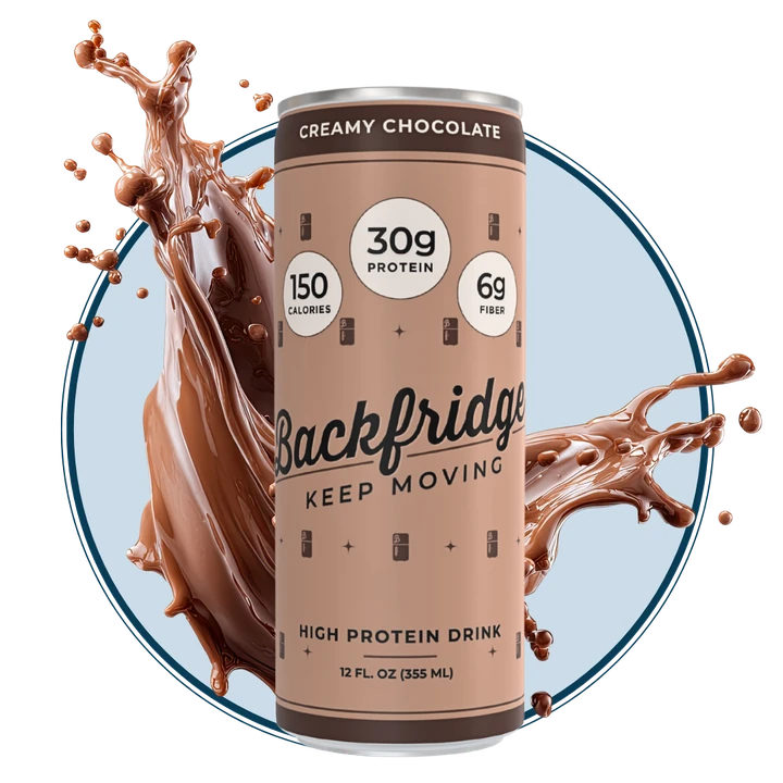 Backfridge Creamy Chocolate high protein drink can, shown with a splash against a light blue circle