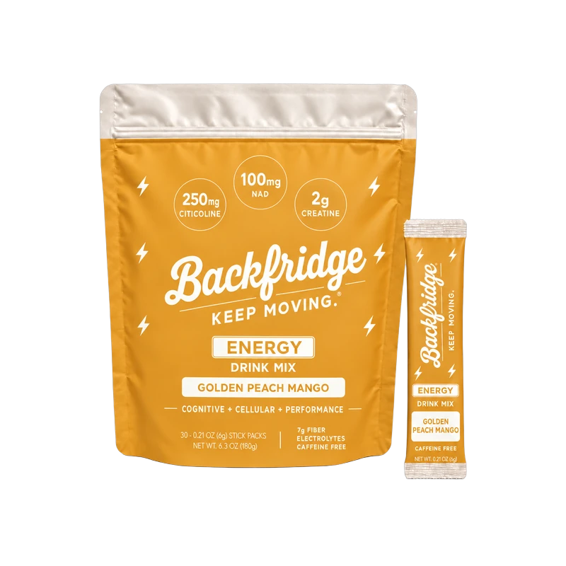 Backfridge Energy Golden Peach Mango drink mix, 30 stick pack pouch with single stick