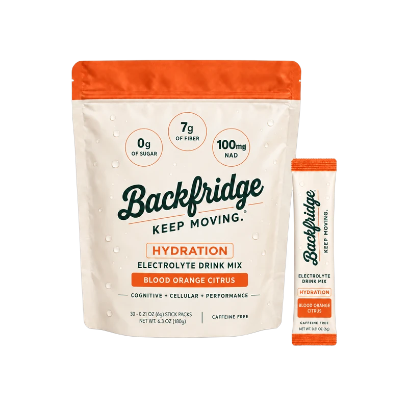 Backfridge Hydration Blood Orange Citrus electrolyte drink mix, 30 stick pack pouch with single stick