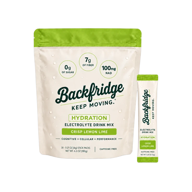 Backfridge Hydration Crisp Lemon Lime electrolyte drink mix, 30 stick pack pouch with single stick