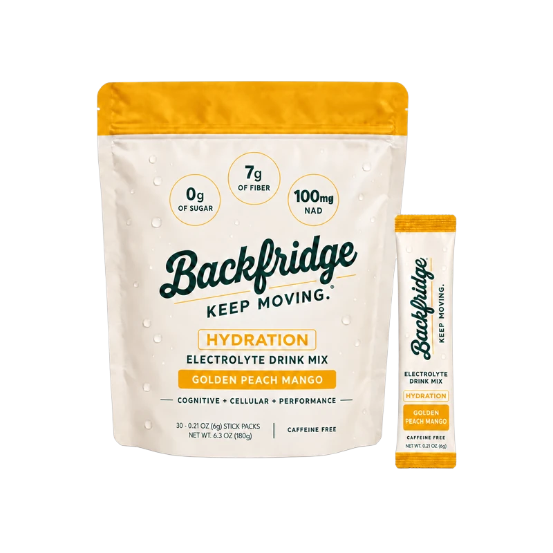 Backfridge Hydration Golden Peach Mango electrolyte drink mix, 30 stick pack pouch with single stick