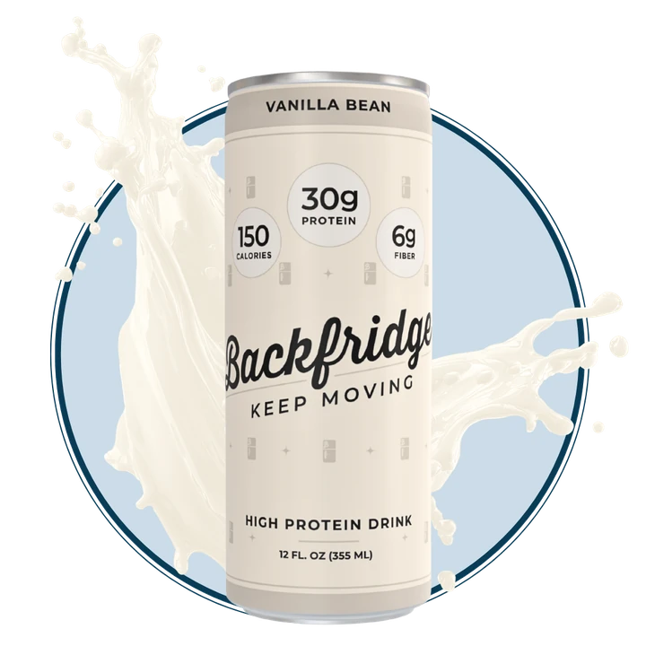 Backfridge Vanilla Bean high protein drink can, shown with a splash against a light blue circle