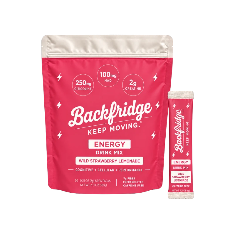 Backfridge Energy Wild Strawberry Lemonade drink mix, 30 stick pack pouch with single stick