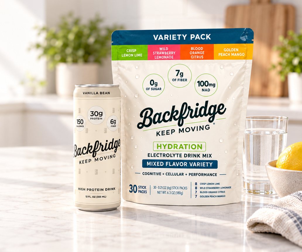 Backfridge Vanilla Bean protein drink can and Hydration variety pack on a sunny kitchen counter