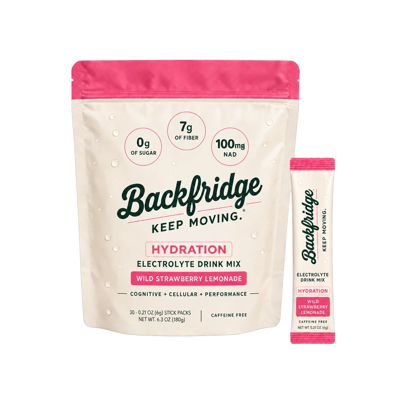 Backfridge Hydration Wild Strawberry Lemonade electrolyte drink mix, 30 stick pack pouch with single stick